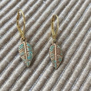 Gold Verdigris Leaf Drop Earrings